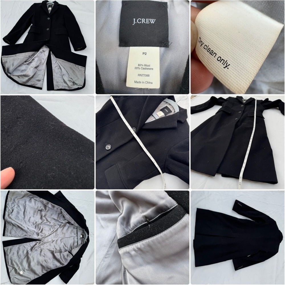 J.Crew Overcoat Black Wool Cashmere Longline Peacoat XS 2 Petite Trench Coat